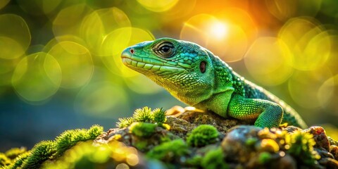 Green Lizard Sunbathing Rock Double Exposure Closeup Photography - Nature Wildlife Reptile