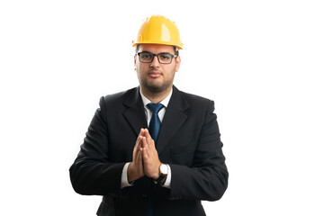 Male engineer or architect making praying thankful gesture