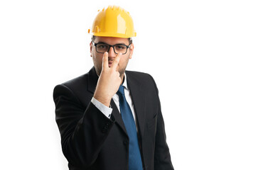 Supervisor man with helmet pointing fingers eye contact gesture