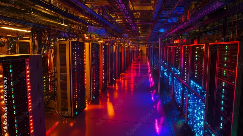 Poster high-tech futuristic data center with rows of colorful servers