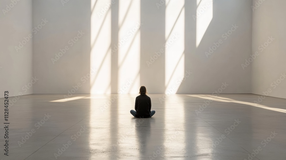 Poster a lone person sits cross-legged on the floor of an expansive gallery, illuminated by sunlight filter