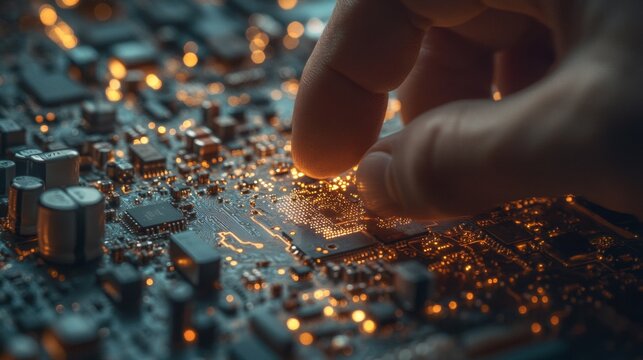 Fingers Gently Touching Illuminated Circuit Board