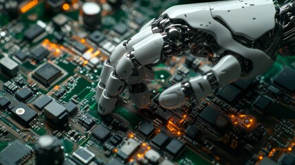 Fototapeta premium Robotic Hand Interacting With Circuit Board Technology