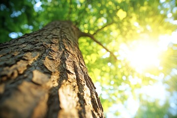 A close-up of the rough bark texture on an old tree, with sunlight filtering through the leaves in the background.