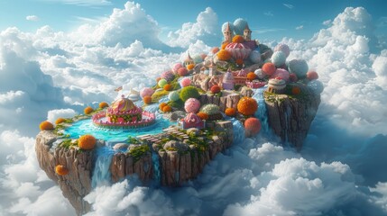 Fantasy candy island floating on clouds, whimsical village, waterfalls, sweets.