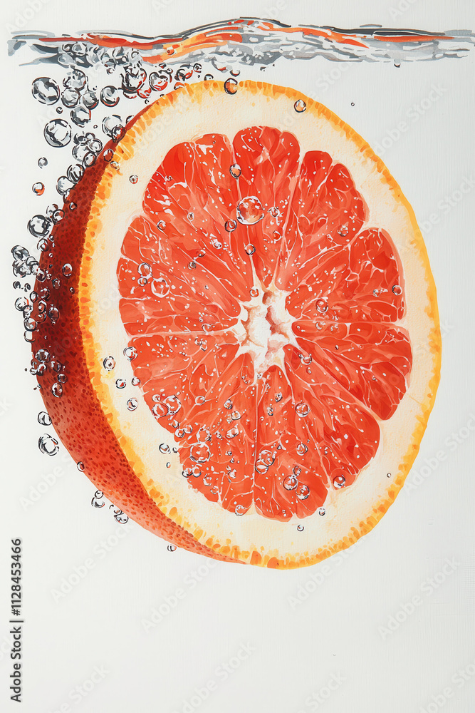 Poster vibrant grapefruit slice in sparkling water: refreshing citrus splash capturing summer's juicy essen