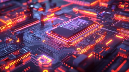 Fototapeta premium Illuminated Circuit Board Shows Complex Technology
