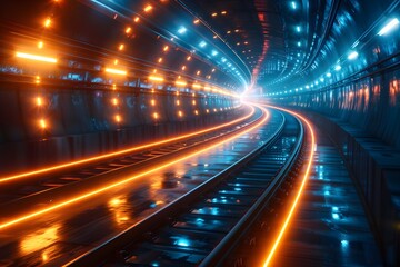 Fototapeta premium Futuristic Neon-Lit Tunnel with Curved Train Tracks for Urban Travel Concepts