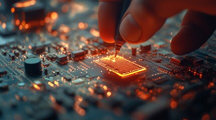 Naklejka premium Hand Installing Microchip On Circuit Board