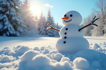 Obraz premium Cheerful Snowman Standing Proud in Sunlit Winter Forest