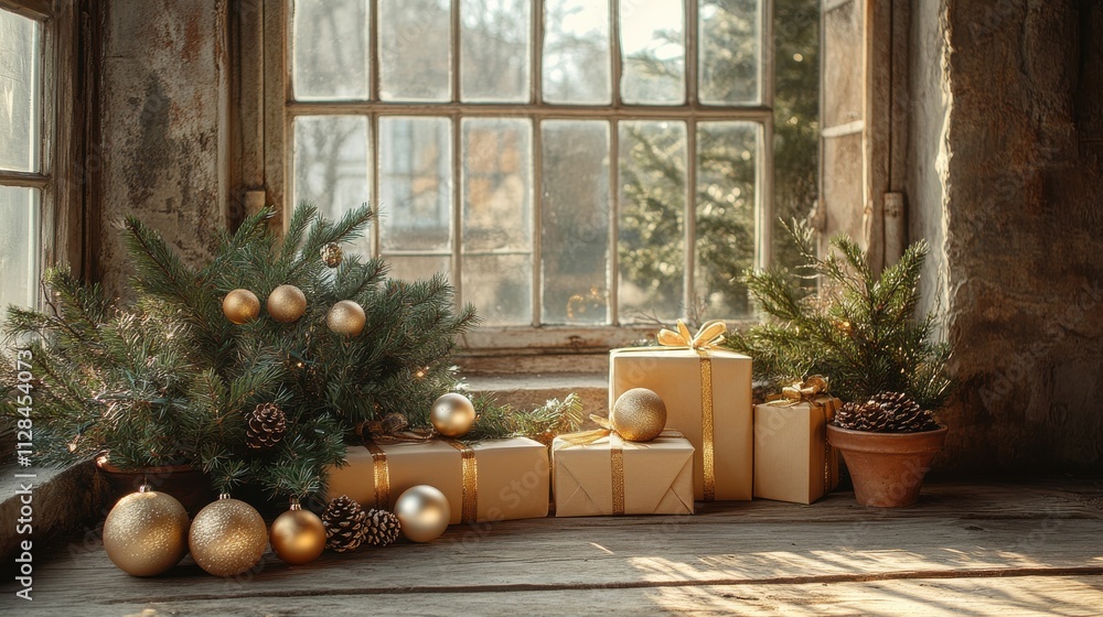 Poster festive setup featuring wrapped presents ornaments and pine branches in a minimalist setting