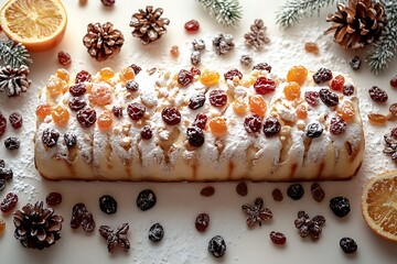 Christmas cake with candied fruits and powdered sugar