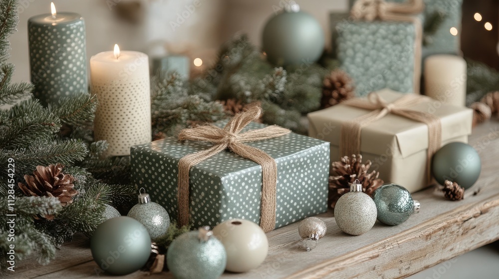 Poster festive setup featuring wrapped presents ornaments and pine branches in a minimalist setting