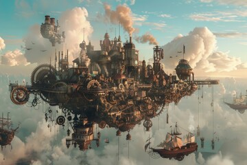 A Steampunk City Floating Among The Clouds