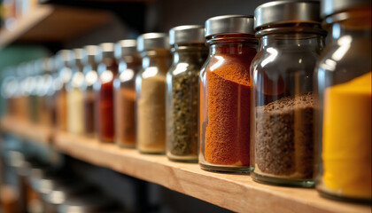 wallpapers A vibrant collection of spice jars neatly arranged on a wooden shelf, showcasing various colors and textures of spices. AI generated.