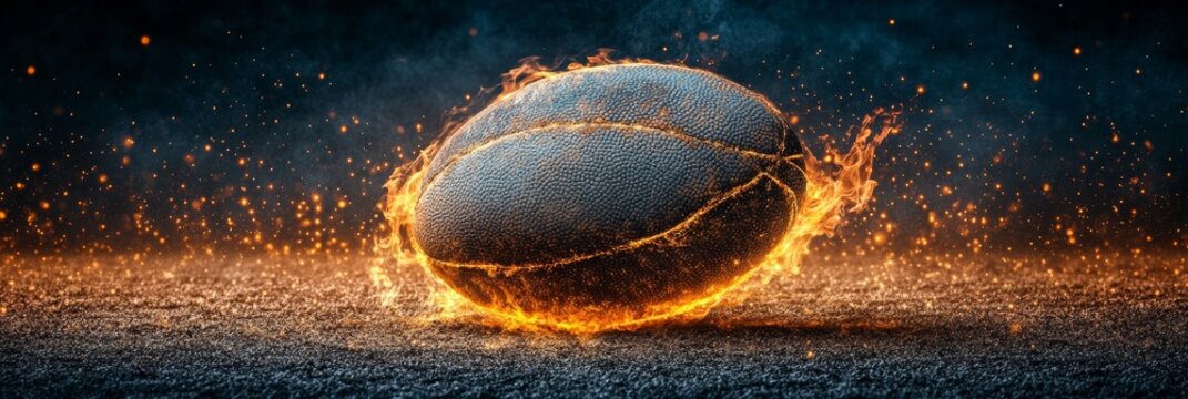 Burning Rugby Ball on Fire Exploding with Energy on Dark Background with Realistic Flame Texture - Powered by Adobe