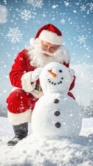 Obraz premium Santa claus making a snowman during a snowfall