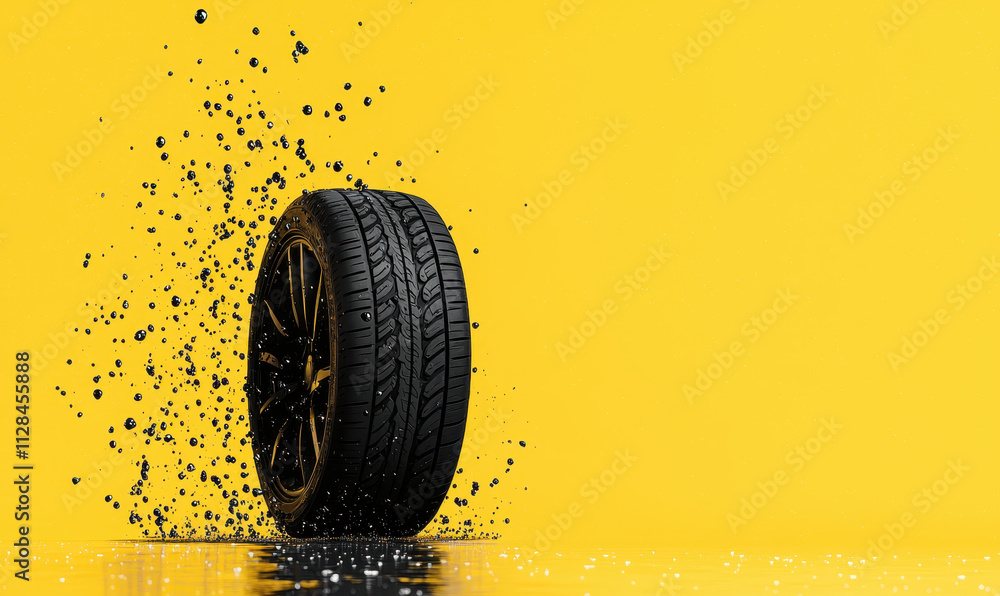 Poster dynamic car tire in motion highlights optimal performance and safety on vibrant yellow background wi