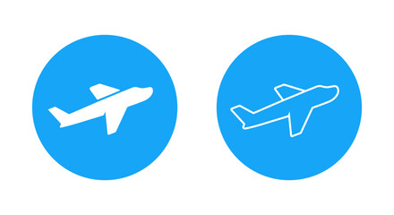 Outline airplane, plane icon on blue circle. Flight sign symbol. Travel concept