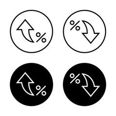Arrow percent icon set on black circle. Up and down percentage outline sign symbol
