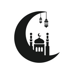 Silhouette of the mosque above the crescent moon