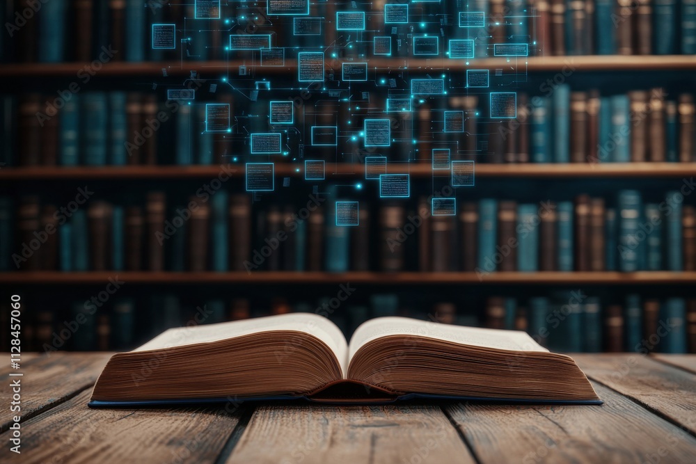 Poster an open book on a wooden table with a blurred library backdrop, featuring digital data visualization