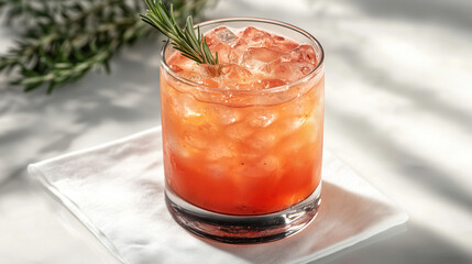 Refreshing cocktail with ice and rosemary garnish served on a napkin in a bright setting. Generative AI