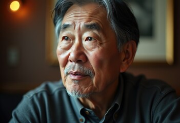 Close-up portrait of a thoughtful Asian man with grey hair and a beard.