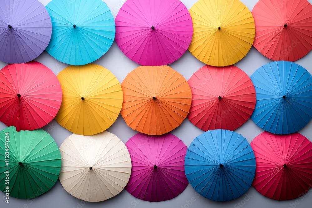 Poster row of colorful umbrellas are displayed in a pattern