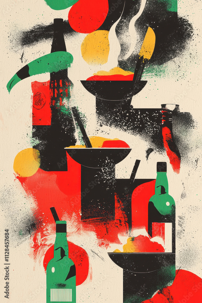 Poster Creative Abstract Illustration of Bottles and Drinks in a Bold Pop Art Style with Vibrant Colors and Dynamic Composition