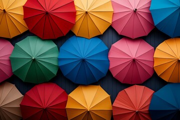 Row of colorful umbrellas are displayed in a row