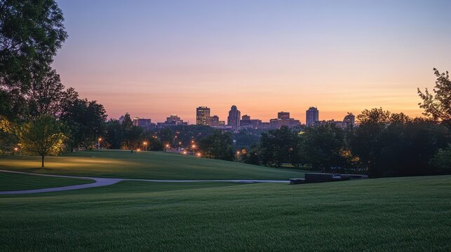 A serene sunset view of a city skyline over a grassy park.
