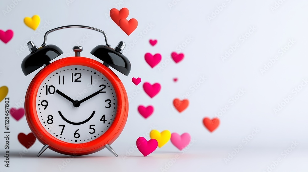 Poster red alarm clock with a smiling face and a bunch of hearts surrounding it