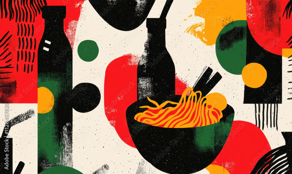 Poster Vibrant Abstract Illustration Featuring Noodles and Bottles in a Colorful Graphic Design with Bold Textures and Creative Patterns