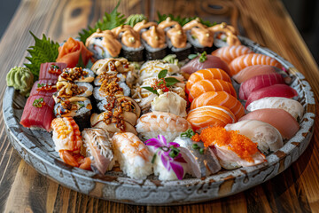 A fresh sushi platter with various pieces including nigiri, sashimi, and rolls