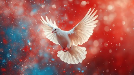 flying white dove with red and blue paint splashes in the sky