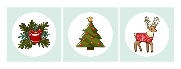 Christmas vector illustration of festive ornaments Set for Christmas decoration Christmas tree, reindeer, decorations