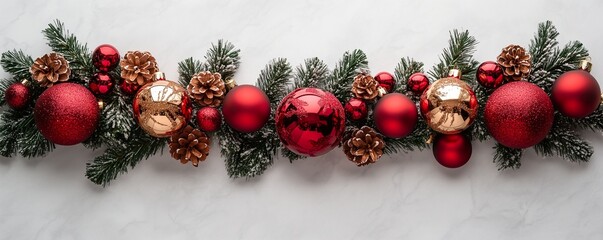 Christmas Garland with Pine Cones and classic red ball Ornaments on a White Background