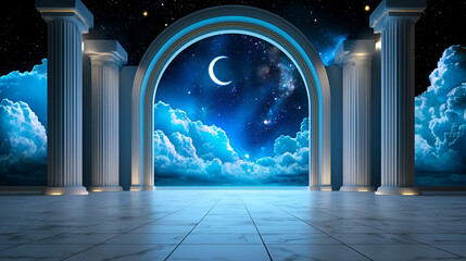 A mystical archway opens to a dreamy night sky filled with clouds and a crescent moon, evoking a sense of wonder and serenity.
