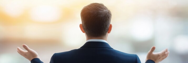 A man in a suit stands with outstretched arms in a welcoming gesture, inviting discussion and communication, showcasing leadership, confidence, and the importance of connection.