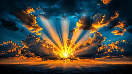 Fototapeta premium A breathtaking sunrise casts vibrant rays through dramatic clouds, illuminating the sky with warm hues of orange and blue.