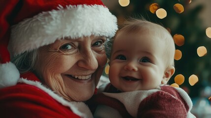 A Tender Moment Between a Newborn and an Older Woman, Set against the Festive Backdrop of Christmas Decorations