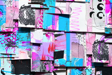 Obraz premium Abstract background, art collage of colorful paper pieces. Blue lilac paint pattern, graphic lines and shapes, samples for layout