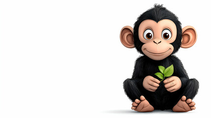 Cute cartoon monkey holding a green leaf, sitting with a cheerful expression, ideal for children's content or eco-friendly themes.
