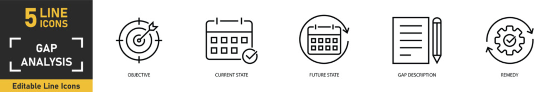 Gap Analysis line icon set. Set of 5 outline icons related to objective, current state, future state, gap description, remedy and more. Vector illustration.