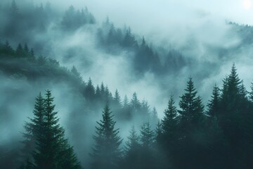 Misty Forest Landscape with Pine Trees in Dense Fog - Nature's Tranquil Morning