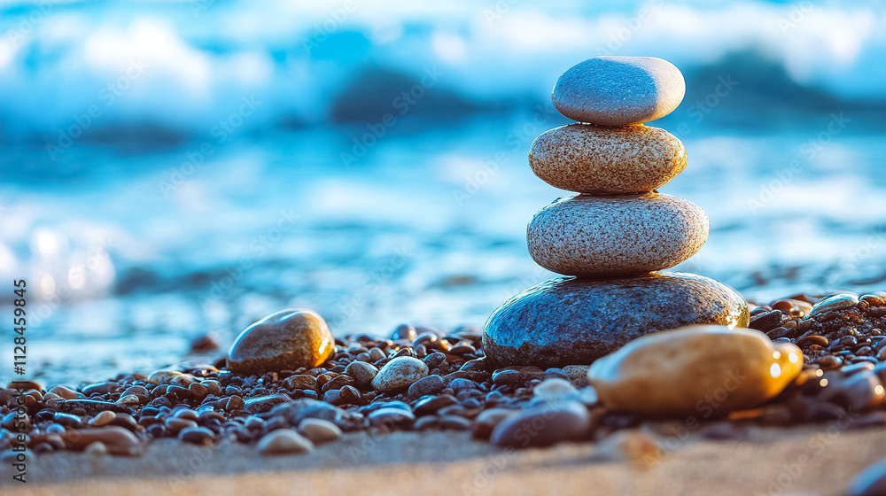 Poster balanced stones stacked on a beach with gentle waves and a serene background during sunset. generati
