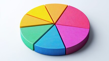 Obraz premium Colorful pie chart divided into six segments, showcasing vibrant hues and textured surfaces, representing data visualization or artistic design.