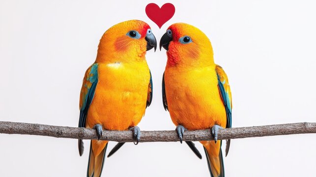 Two vibrant, affectionate parrots share a sweet moment on a branch, symbolizing love and companionship.