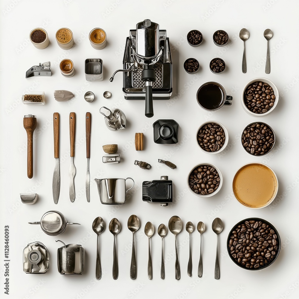 Poster flat lay arrangement showcases coffee beans, cups, spoons, and a coffee maker, offering space for te